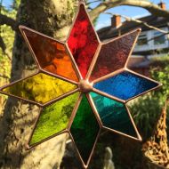 Stained Glass Suncatcher Panel, Copper Multi Coloured Star, Handmade Rainbow Art - CRhodesGlassArt