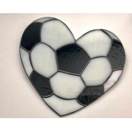 StainedGlassKarelina Football lover stained glass decor Heart Symbol Wall Hanging ball Suncatcher white Design Handcrafted football decor Heart black and white