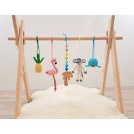 LanaCrocheting Tropical Baby play gym. Flamingo, Pineapple, Monkey, Whale, Wooden palm tree with rainbow. Wooden baby gym frame, crochet rattles