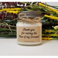 DawnCandleWorx Mother of the Groom Gift - 8oz Soy Candles Handmade - Wedding Day Gift - Man of my Dreams - Wedding Candles - Personalized Gifts - Mason Jar