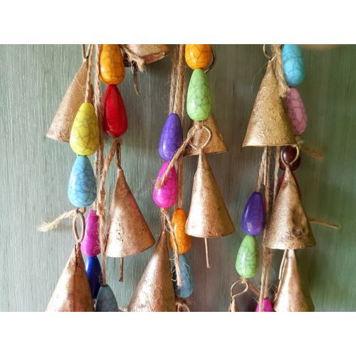  NoBrand Windchime with hanging bronze rustic cattle bells and large colorful crackle beads, brass gold metal, swiss cow bell whimsical ethnic unique