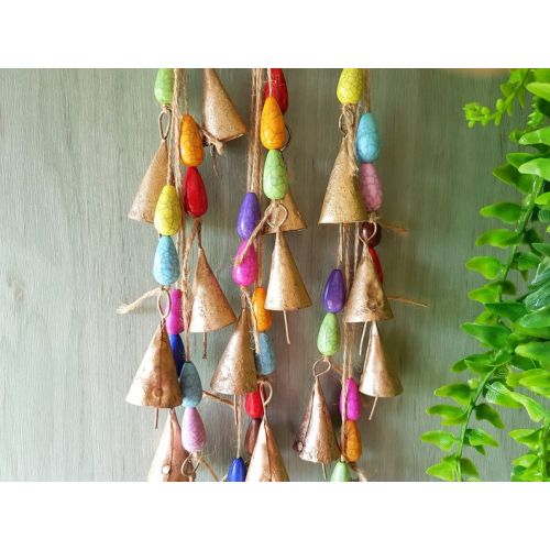  NoBrand Windchime with hanging bronze rustic cattle bells and large colorful crackle beads, brass gold metal, swiss cow bell whimsical ethnic unique