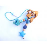 /SisterFoxStudio Blue crochet wooden teether on a clip Silicone star teether Babywearing teething toy Baby shower gift Eco friendly toys New baby gift