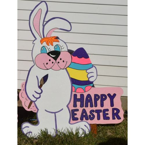  EMCYardArt XL Glitter Easter Yard Art, Easter Yard Art Lawn Stake, Easter Yard art outdoor, Wood Painted Easter Yard Decoration, Easter Yard Art Stakes