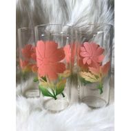 /IThriftology Gorgeous Federal vintage pink Omber flower 16oz drink glasses lot of 5