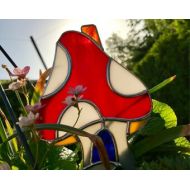 OnceTWICEthriceLOVED Stained glass toadstool fairy house..toadstool glass house decor.mushroom garden decor..fairy home decor..red and white glass fairy house