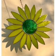 OnceTWICEthriceLOVED Stained glass lime daisy..lime gerbera..lime and green glass daisy..daisy home decor..daisy garden decor..daisy porch decor.daisy glass gift