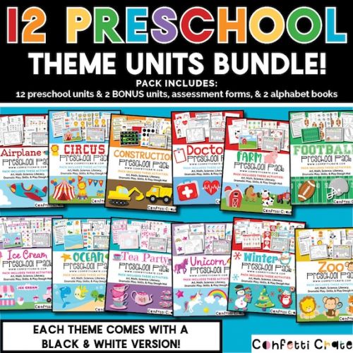  MyConfettiCrate Preschool Curriculum Printable for homeschool preschool comes with color and black and white versions