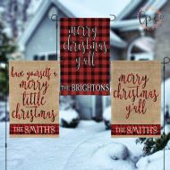 LittlePeonyCo Personalized Christmas Garden House Flag - Merry Christmas Yall Faux Burlap Print and Buffalo Check Plaid Christmas Garden House Flag