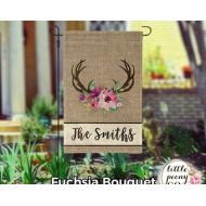 LittlePeonyCo Personalized Garden Flag - Antler and Floral Bouquet Faux Burlap - Custom Yard Flag - Faux Burlap - Personalized Yard Flag
