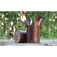 /Hlospop Genuine Leather Wooden Pen Container