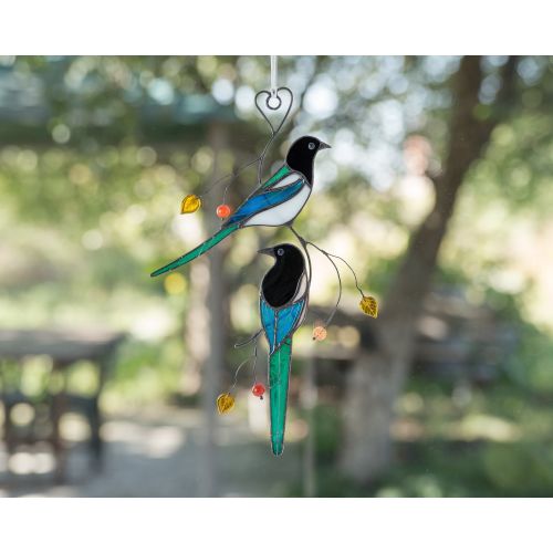  GlassArtStories Magpie stained glass bird suncatcher birthday gift for mom, parents, friend, wife