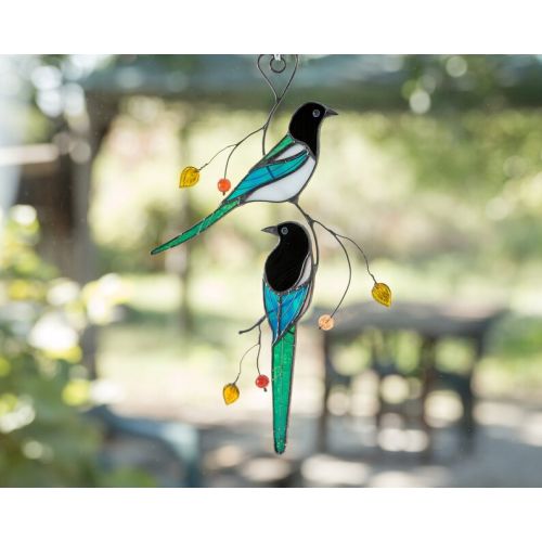  GlassArtStories Magpie stained glass bird suncatcher birthday gift for mom, parents, friend, wife