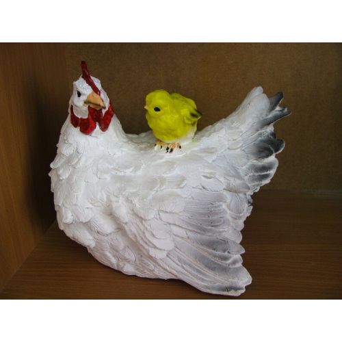  HomeAndGardenGifts Chicken Sculpture *Hen Figurine *Large Garden Bird *Farm Statue *Yard Figure Outdoor *Country Decorations White *Yellow Chick *Mother Gift
