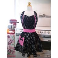 /Boojiboo Retro Apron Sweetheart Neckline Black and White Polka Dot with HOT PINK Full Apron MAGGIE