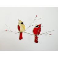 Labrisestainedglass Cardinal pair stained glass sun catcher on 3 dimentional branch with red glass berries.