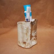 /TheButlersCreations Toothbrush Holder, Pottery Makeup Brush Holder, Ceramic Pencil Holder, Handmade Organic Brown and Ivory Color, 3 Holes, Stoneware Clay