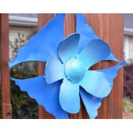 Dwcmetals Privacy fence decor - Blue white flower art - Metal table flower - Sunroom decor - Wall mounted bathroom flower - Outdoor deck artwork