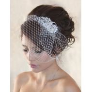 /WearableArtz Wedding Birdcage Veil with Crystal rhinestone brooch VI01 Comb or Headband. Ready to ship.