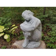 MillineryFlowers Antiqued Cement 12 Nude Girl Lady Hugging Legs Garden Concrete Statue Serene Gray & White