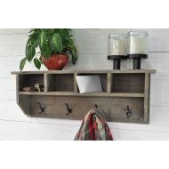 Mrcwoodproducts Rustic Barnwood Entryway Coat Hook Hanger with Shelf and Storage Cubbies