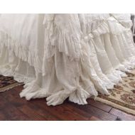 Cottageandcabin Romantic Linen Bedding--Washed Linen Bedding Set-King-Long Ruffled Duvet and Torn Ruffle Bed Skirt-Velvet Ribbon Trim
