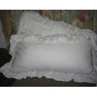 Cottageandcabin Pair of Long Ruffled King Pillow Shams---Vintage White Washed Linen Ruffled Pillow Shams--King Pillow Shams in Washed Linen