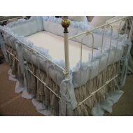/Cottageandcabin Washed Linen Crib Bedding-Bumpers and Layered Crib Skirts with Velvet Ribbon Trim and Torn Ruffle Detail