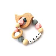 /BabyWhatKnots Personalized Teething Ring, Bird, Customized, Name, Girl, Baby Rattle, Silicone Teething Ring, Shower Gift, Wooden, Teether Ring, Natural