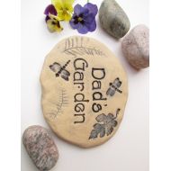 /Poemstones Dad Garden stone, Dad sign, Garden plaque. Dad gardening gift. Stamped Ceramic plant marker in vintage style font, dragonflies, ferns