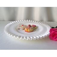 /CynthiasAttic Cake Plate White Ruffled Art Glass Wedding Table Vintage 1970s