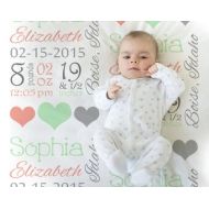 ModernBeautiful Mint and coral baby stats blanket- personalized blanket- stats blanket- girl baby blanket- baby shower gift- receiving, hearts, 1006