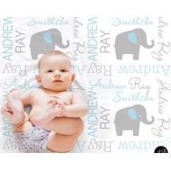 ModernBeautiful Elephant Name Blanket in Blue and gray- Boy- personalized blanket- custom blanket- baby blanket- personalized blanket, choose colors