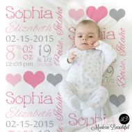 /ModernBeautiful Pink and gray baby stats blanket- personalized blanket- stats blanket- girl baby blanket- baby shower gift- receiving, hearts, 1006
