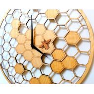 Latwoodyworld Bee Cells, Laser cut, WALL CLOCK 15.7 Diameter, Large wall clock, Wall Art, Big wall clocks, Large wooden wall clock, Clocks for sale
