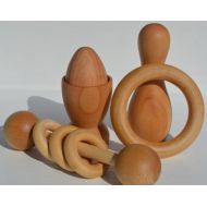HouseMountainNatural Montessori Inspired Natural Wooden Baby Toy 5 Piece Gift Set Rattle Teething Set Gift Wrap Option Available