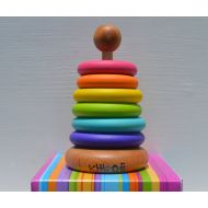 HouseMountainNatural Montessori Inspired Personalized Bright Rainbow Wooden Baby Stacking Toy 4.5 High