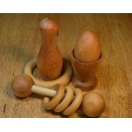 HouseMountainNatural Montessori Inspired Natural Wooden Baby Rattle Teething Set Egg and Cup 5 Piece Gift Set