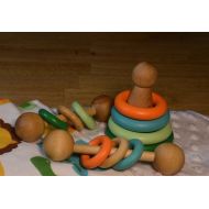 HouseMountainNatural Montessori Baby Boy Gift Set Rattle and Stacker Little Jungle Brights (Please read description for size)