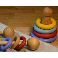 HouseMountainNatural Baby Gift Montessori Rattle and Stacker Gift Set Primary Colors (Please read description for size)