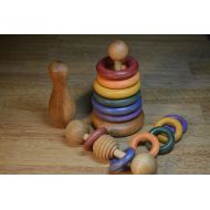 HouseMountainNatural Montessori Baby Organic Gift Set Stacking Toy Rattle and Teething Toy (Please read description for size)