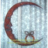 GeminiDragonfly Rusty Metal Owl on Moon/ Recycled Garden Art/ Lucky Horseshoe/ Wall Art
