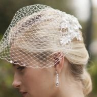 LesliesArts Couture Birdcage Veil/Blusher with Swarovski Crystals and Flowers! (Short Length) FREE DOMESTIC SHIPPING!