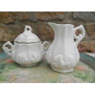 /Swansdowne Red Cliff White Ironstone Creamer Pitcher and Sugar Bowl with Lid Paneled Grapevine Pattern Tea Party Set