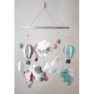 HELLOxSUGAR Elephant Nursery / Felt Mobile / Hot Air Balloon / Felt Cloud / Gray White Pink Mint / Crib Mobile / Banner Flag / Pastel / Scandinavian