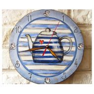 ArtClock Blue Teapot Wall Clock, Modern wall clock with numbers, White wall clock, wood clock, wedding gift, Office, Industrial style.