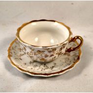 TeaCupsFromSharon Porcelain Scalloped Demitasse CupSaucer, Glittering Gold Floral Motif, Gold Trim. Housewarming Gift, Chinese New Year, New Year