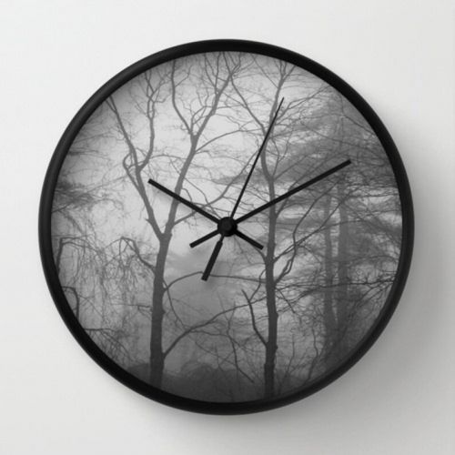  Lake1221 Woodland Trees and Fog Wall Clock, forest wall clock, trees wall clock, tree wall clock, woodland clock, black white clock, black and white
