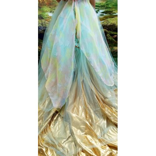  LoveGoddessBySebrina Custom Order Listing-ADELE Romantic Watercolor Chiffon Gold Lame Embroidered Lace Backless Fairy Garden Nymph Babydoll Wedding Ballgown Set