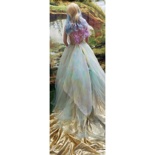  LoveGoddessBySebrina Custom Order Listing-ADELE Romantic Watercolor Chiffon Gold Lame Embroidered Lace Backless Fairy Garden Nymph Babydoll Wedding Ballgown Set
